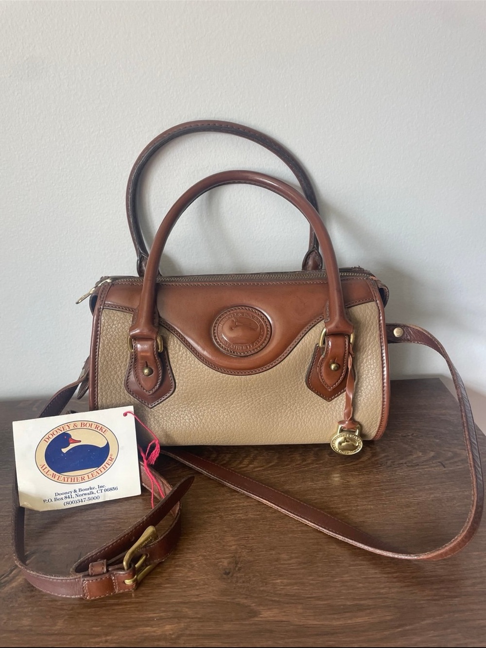 Dooney & Bourke Beige and Brown Leather Trim Cassini Satchel